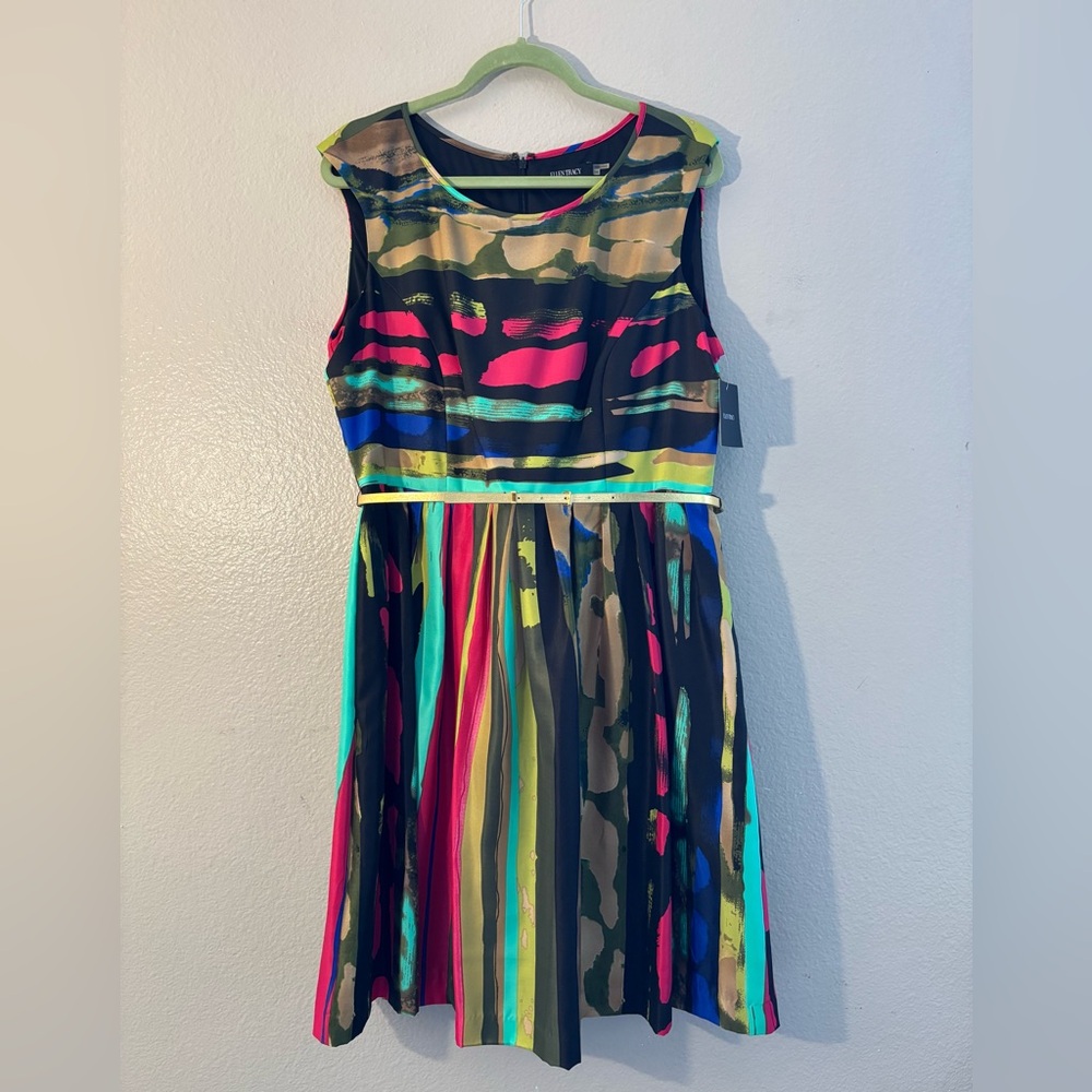 NWT Ellen Tracy Bold Color Sleeveless Dress Gold Belt with pockets Size 14